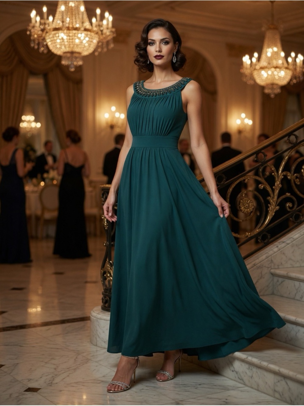 Sandiva Elegant Emerald Sleeveless Evening Gown with Embellished Neckline Small